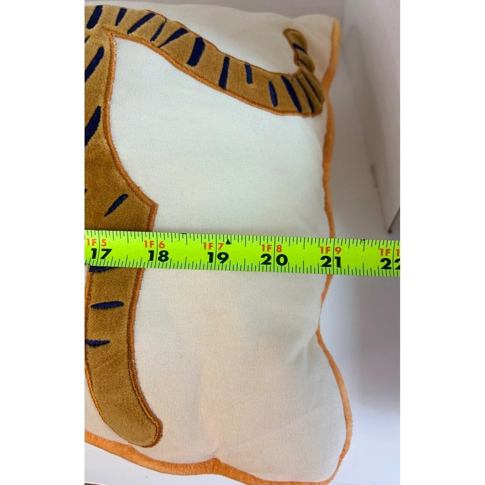 Tiger Embroidered Lumbar Throw Pillow Cream Orange Velvet Maximalist Moody